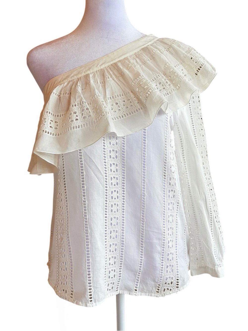 Veronica Beard One-Shoulder Eyelet Ruffle Top - White/Cream